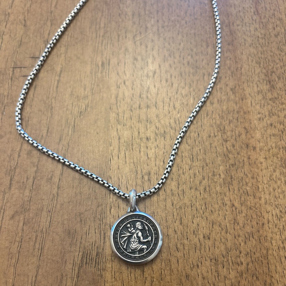 David Yurman Saint Christopher Pendant and Chain Necklace Sterling Silver Amulet